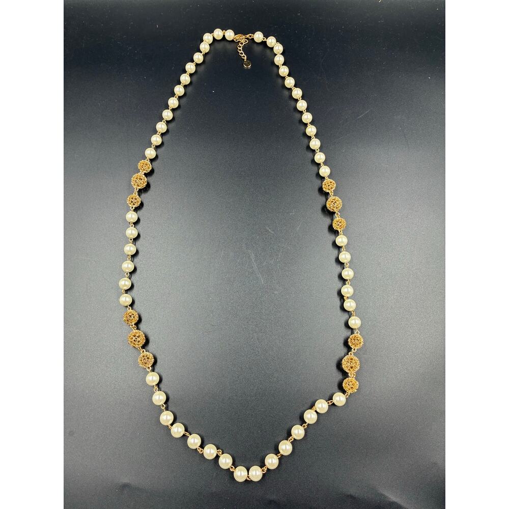 Charter Club 40” Long Pearl & Gold Filigree Necklace, Caged Station Rope Strand